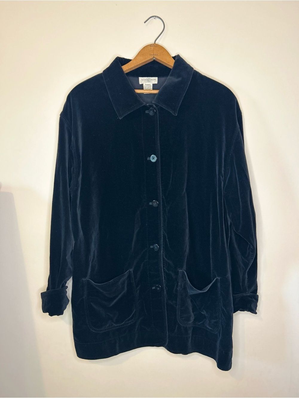 Vintage Nordstrom Black Velvet Button Up Shacket Shirt Jacket 100% Cotton Medium